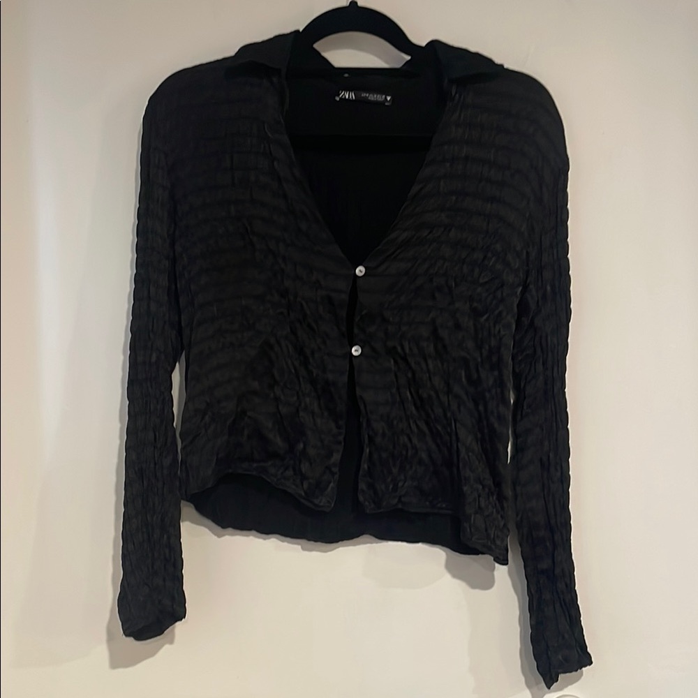 Zara Sz M Black Textured Button-Up Cardigan